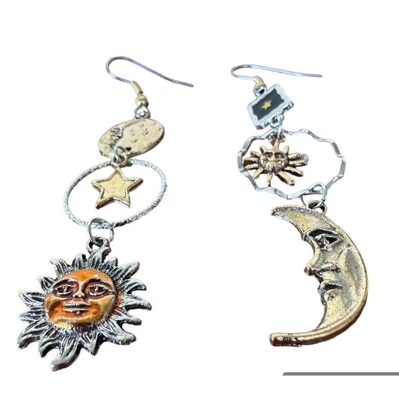 Celestial Sun Moon Stars Earrings Dangle Tarot Halloween Eclectic Mismatched - Picture 6 of 12